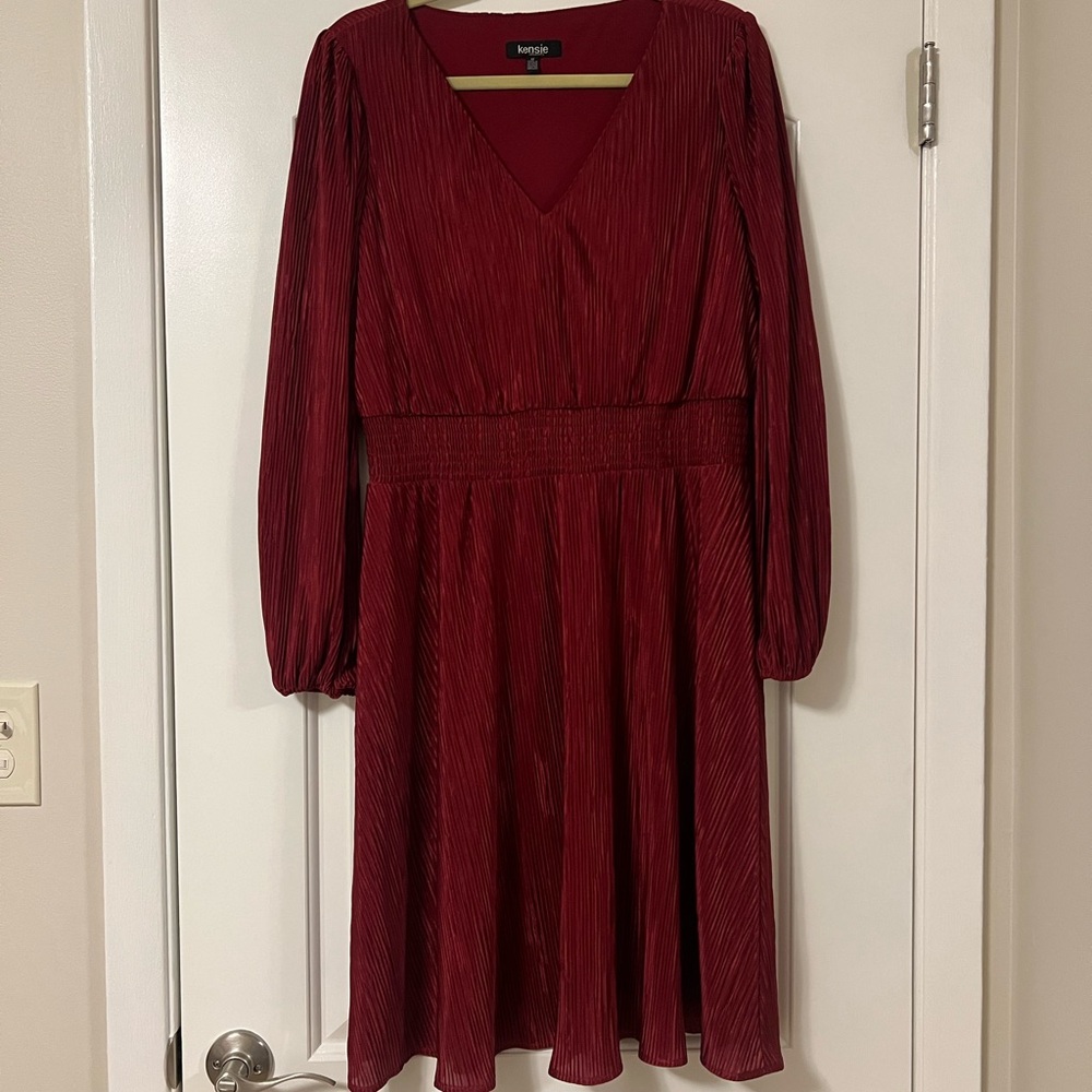 Kensie Burgundy V-Neck Long Sleeve Dress